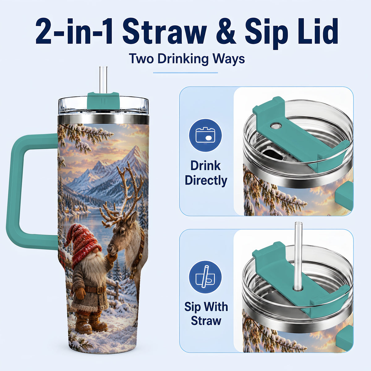 #pl[40oz|Green] Winter Gnome Reindeer 40oz Tumbler with Handle, Mountain Travel Cup