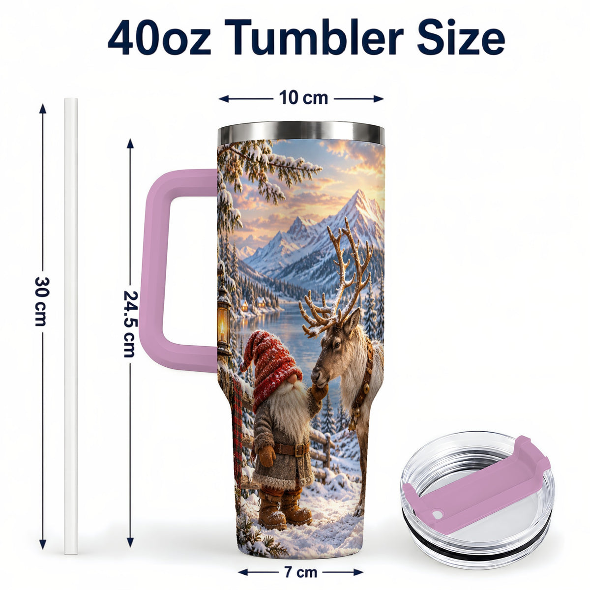 #pl[40oz|Pink] Winter Gnome Reindeer 40oz Tumbler with Handle, Mountain Travel Cup