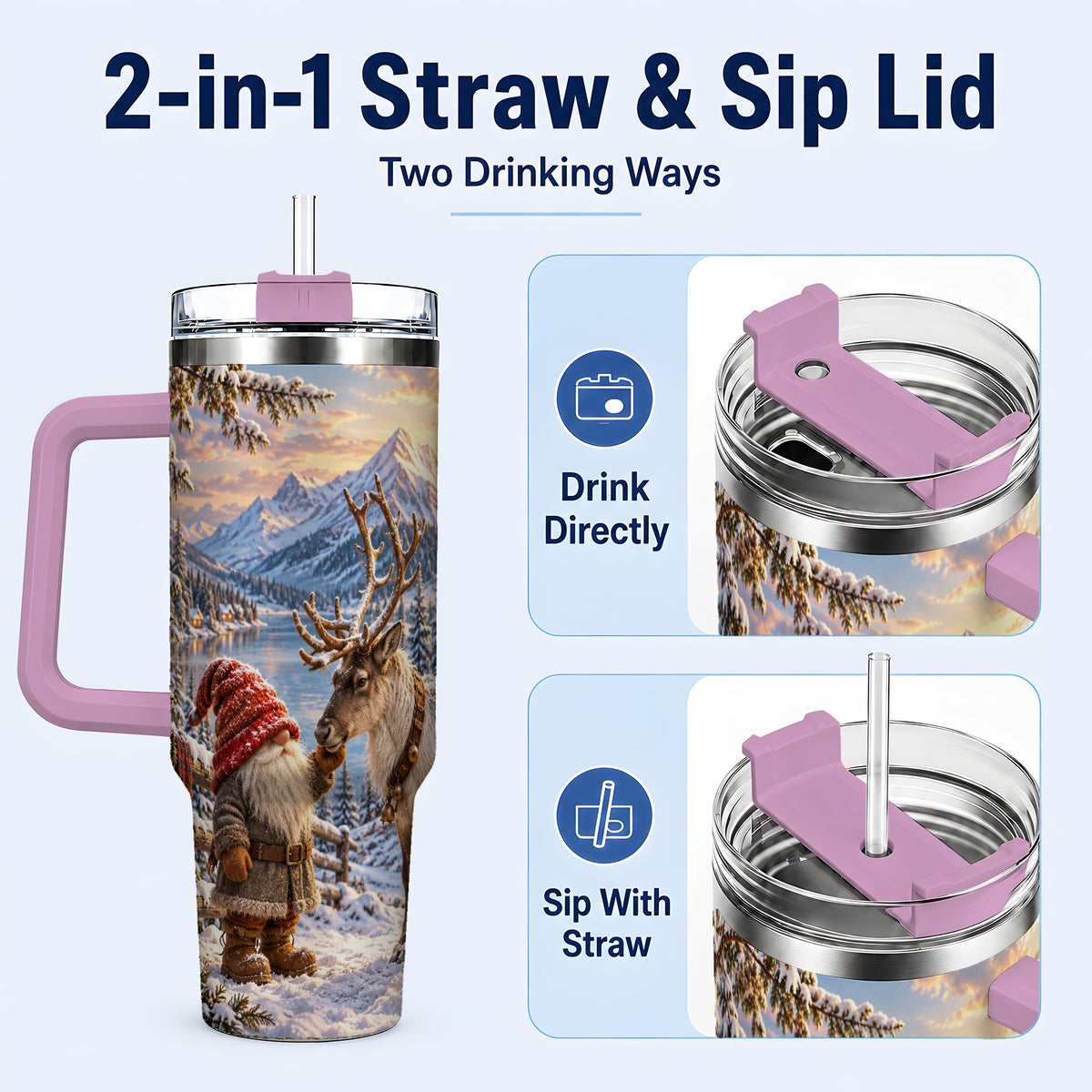 #pl[40oz|Pink] Winter Gnome Reindeer 40oz Tumbler with Handle, Mountain Travel Cup