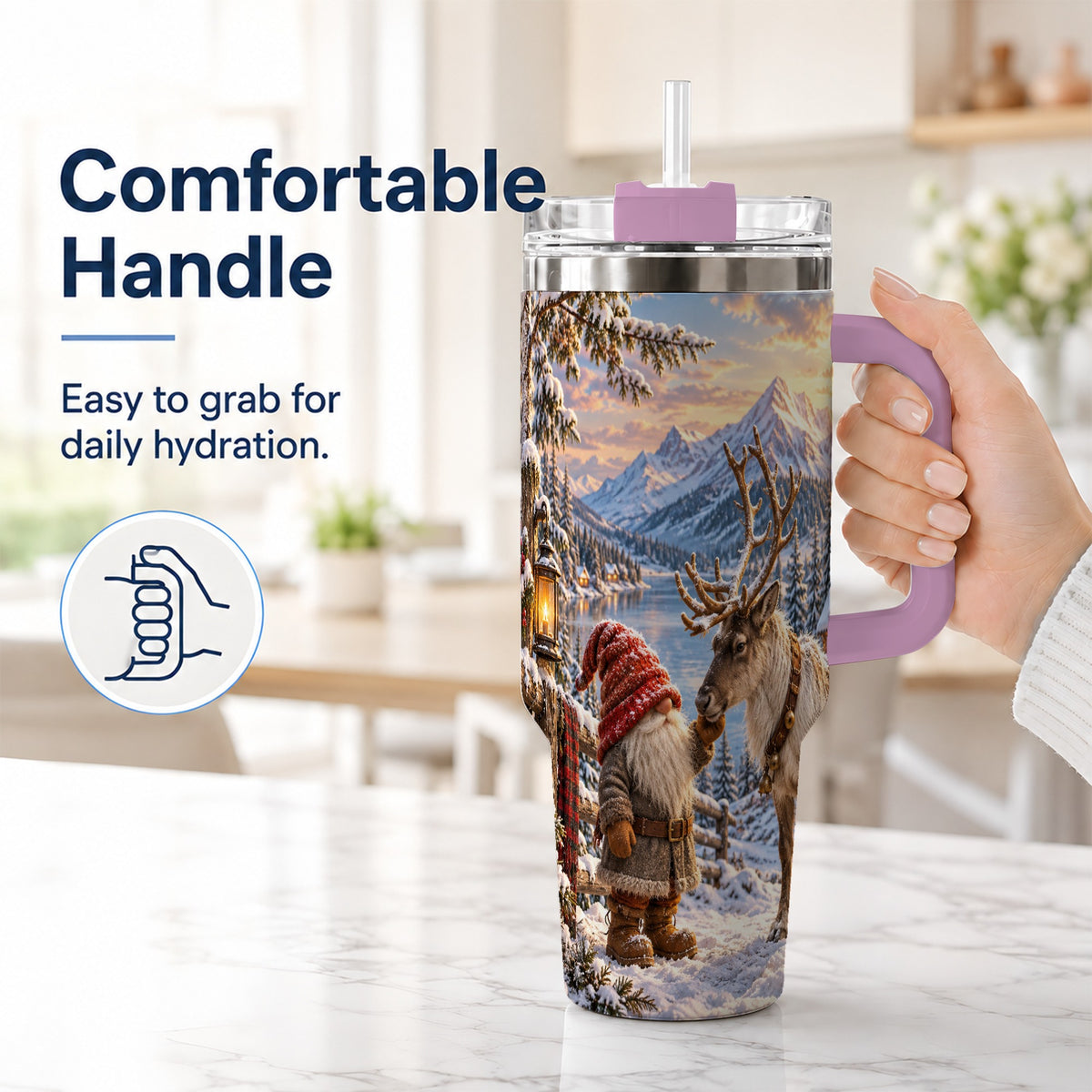 #pl[40oz|Pink] Winter Gnome Reindeer 40oz Tumbler with Handle, Mountain Travel Cup
