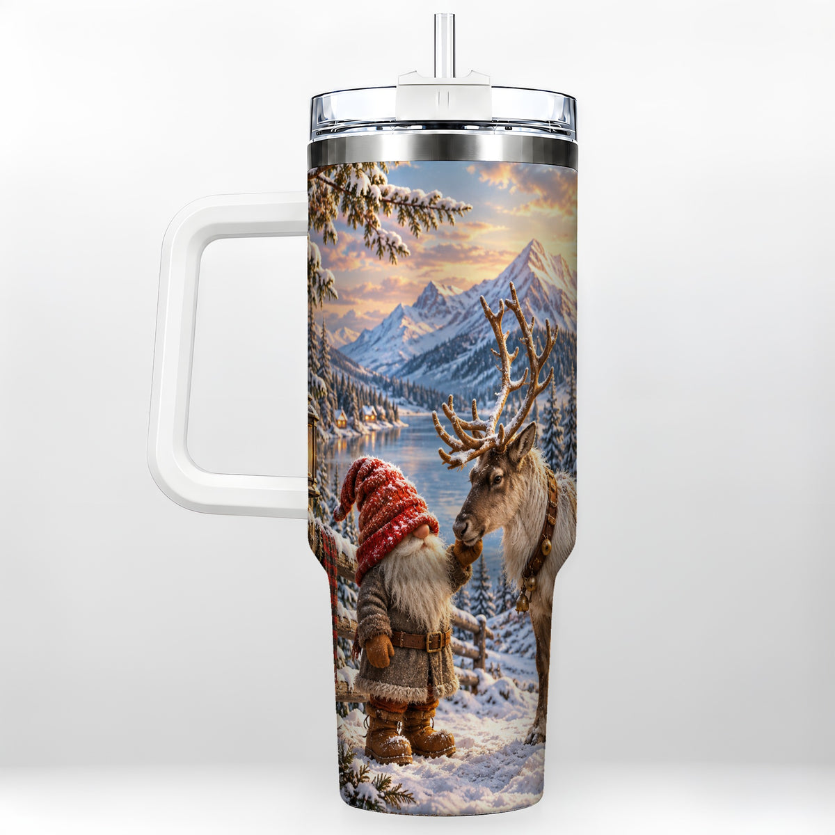 Winter Gnome Reindeer 40oz Tumbler with Handle, Mountain Travel Cup