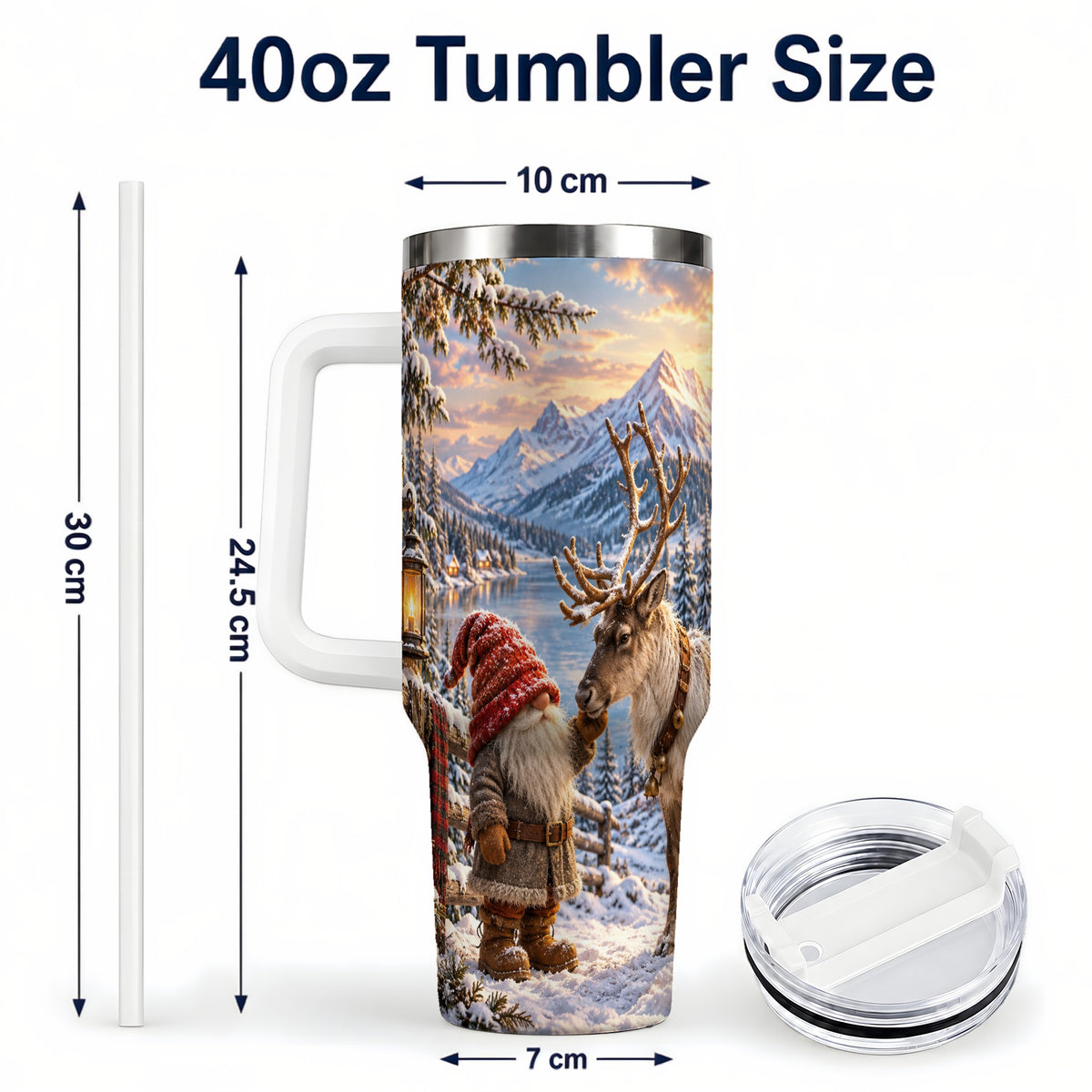 #pl[40oz|White] Winter Gnome Reindeer 40oz Tumbler with Handle, Mountain Travel Cup
