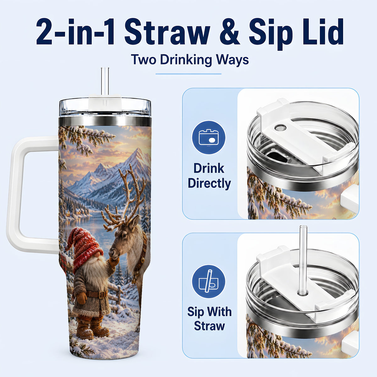 #pl[40oz|White] Winter Gnome Reindeer 40oz Tumbler with Handle, Mountain Travel Cup
