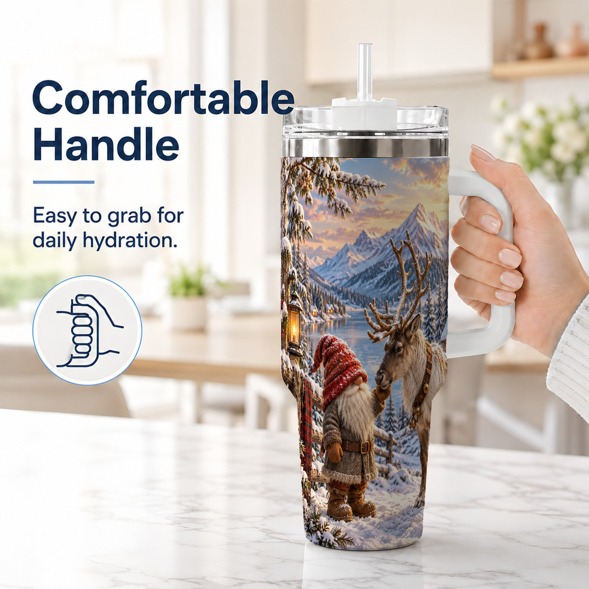 #pl[40oz|White] Winter Gnome Reindeer 40oz Tumbler with Handle, Mountain Travel Cup