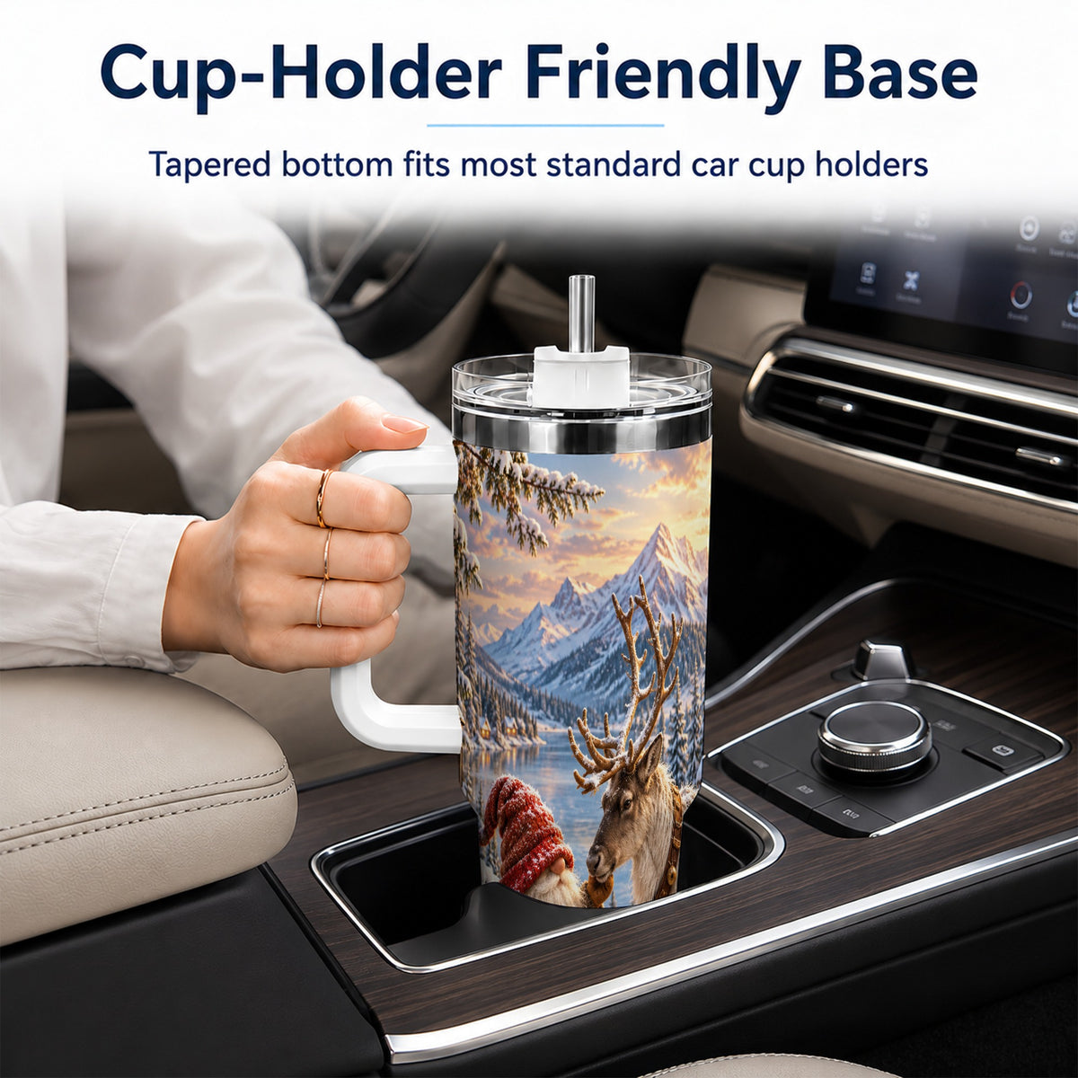 Winter Gnome Reindeer 40oz Tumbler with Handle, Mountain Travel Cup
