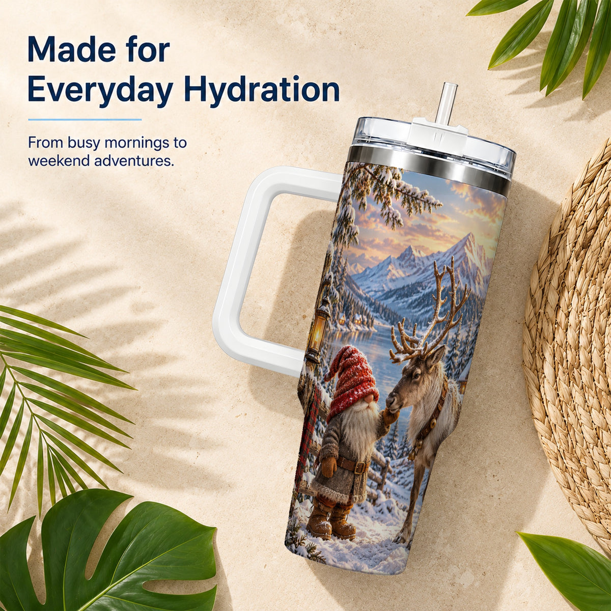 Winter Gnome Reindeer 40oz Tumbler with Handle, Mountain Travel Cup
