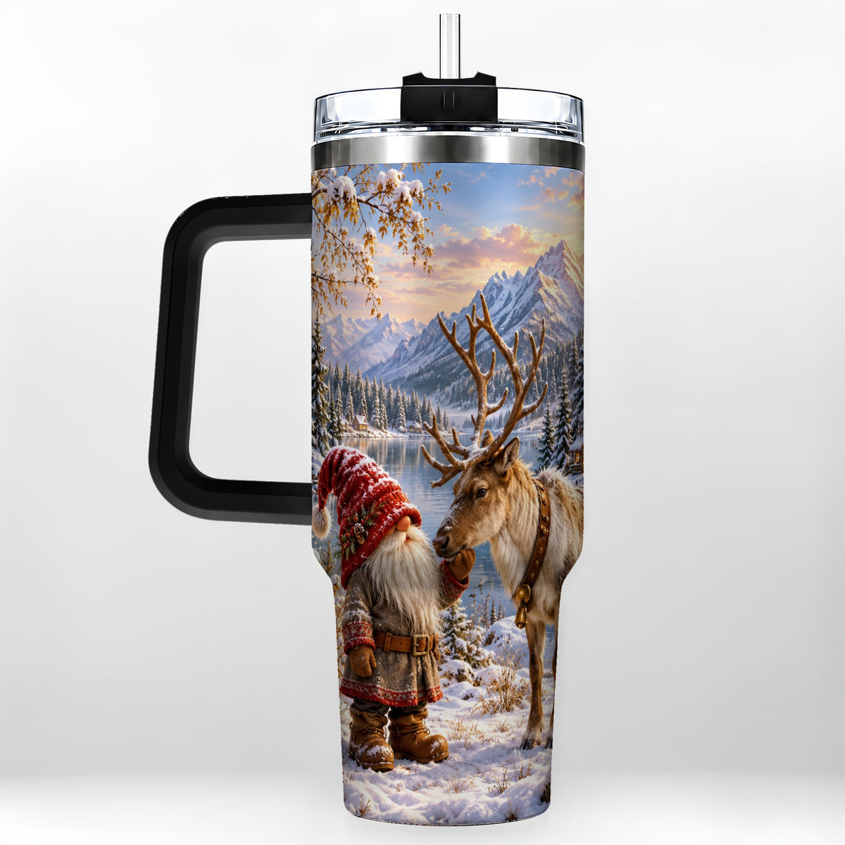 #pl[40oz|Black] Snowy Gnome Reindeer 40oz Tumbler with Handle, Mountain Travel Cup