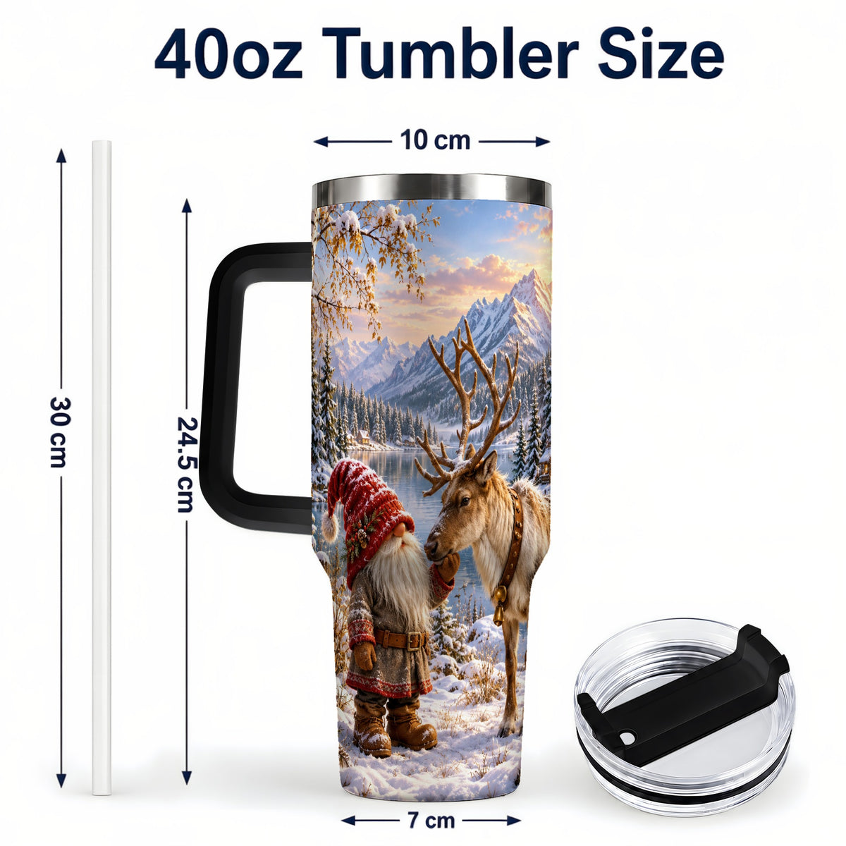 #pl[40oz|Black] Snowy Gnome Reindeer 40oz Tumbler with Handle, Mountain Travel Cup
