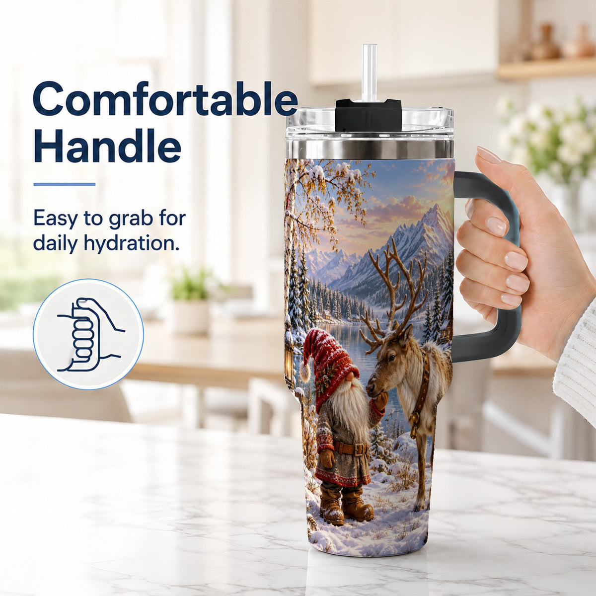 #pl[40oz|Black] Snowy Gnome Reindeer 40oz Tumbler with Handle, Mountain Travel Cup