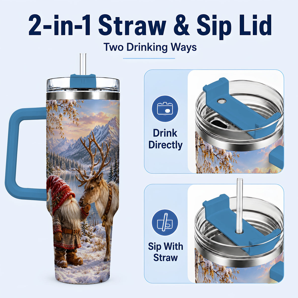 #pl[40oz|Blue] Snowy Gnome Reindeer 40oz Tumbler with Handle, Mountain Travel Cup