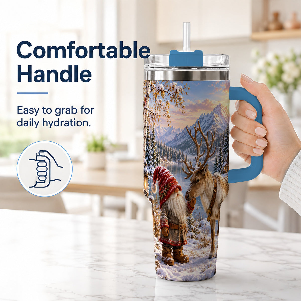#pl[40oz|Blue] Snowy Gnome Reindeer 40oz Tumbler with Handle, Mountain Travel Cup