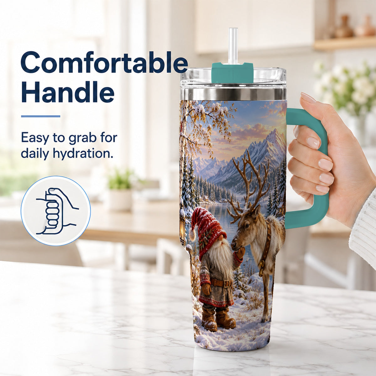 #pl[40oz|Green] Snowy Gnome Reindeer 40oz Tumbler with Handle, Mountain Travel Cup