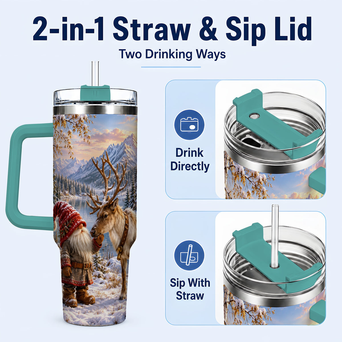 #pl[40oz|Green] Snowy Gnome Reindeer 40oz Tumbler with Handle, Mountain Travel Cup