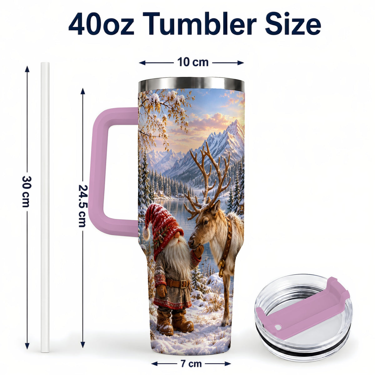 #pl[40oz|Pink] Snowy Gnome Reindeer 40oz Tumbler with Handle, Mountain Travel Cup