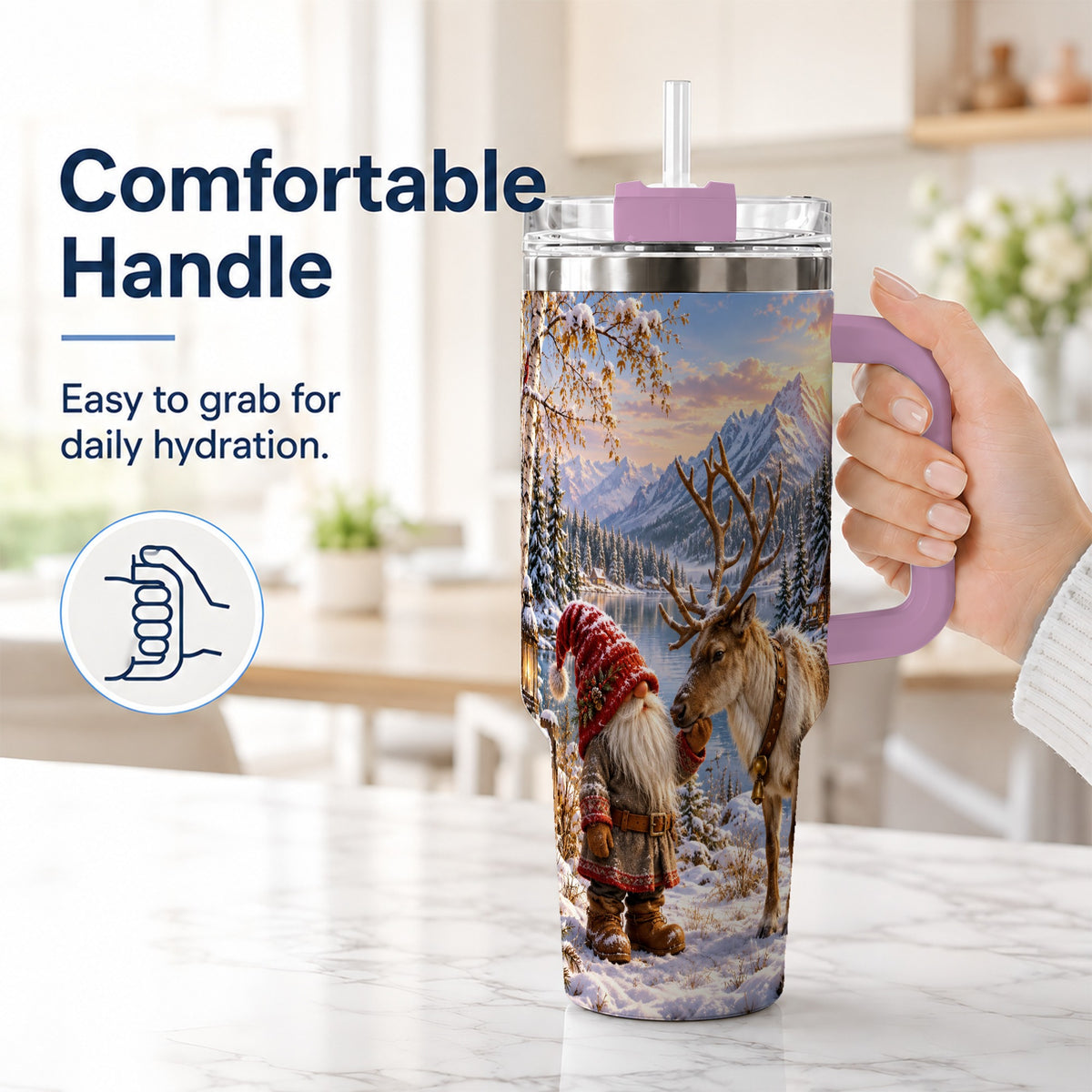 #pl[40oz|Pink] Snowy Gnome Reindeer 40oz Tumbler with Handle, Mountain Travel Cup
