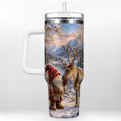 Snowy Gnome Reindeer 40oz Tumbler with Handle, Mountain Travel Cup
