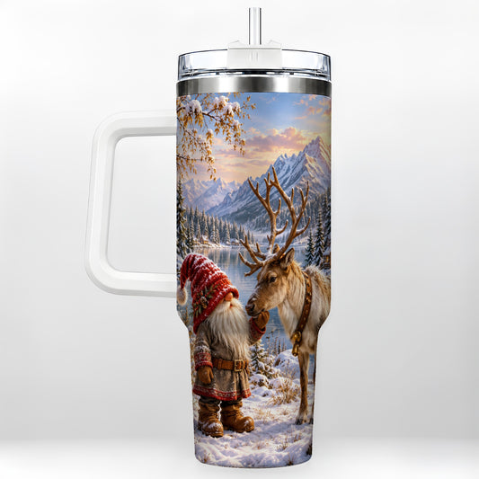 Snowy Gnome Reindeer 40oz Tumbler with Handle, Mountain Travel Cup