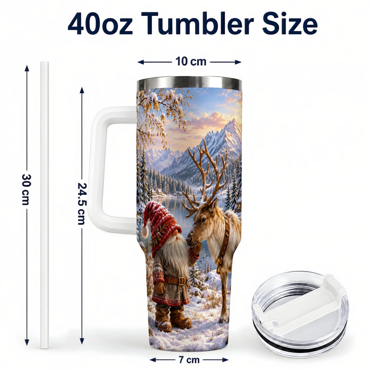 #pl[40oz|White] Snowy Gnome Reindeer 40oz Tumbler with Handle, Mountain Travel Cup