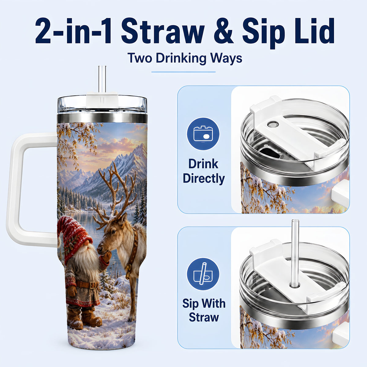 #pl[40oz|White] Snowy Gnome Reindeer 40oz Tumbler with Handle, Mountain Travel Cup