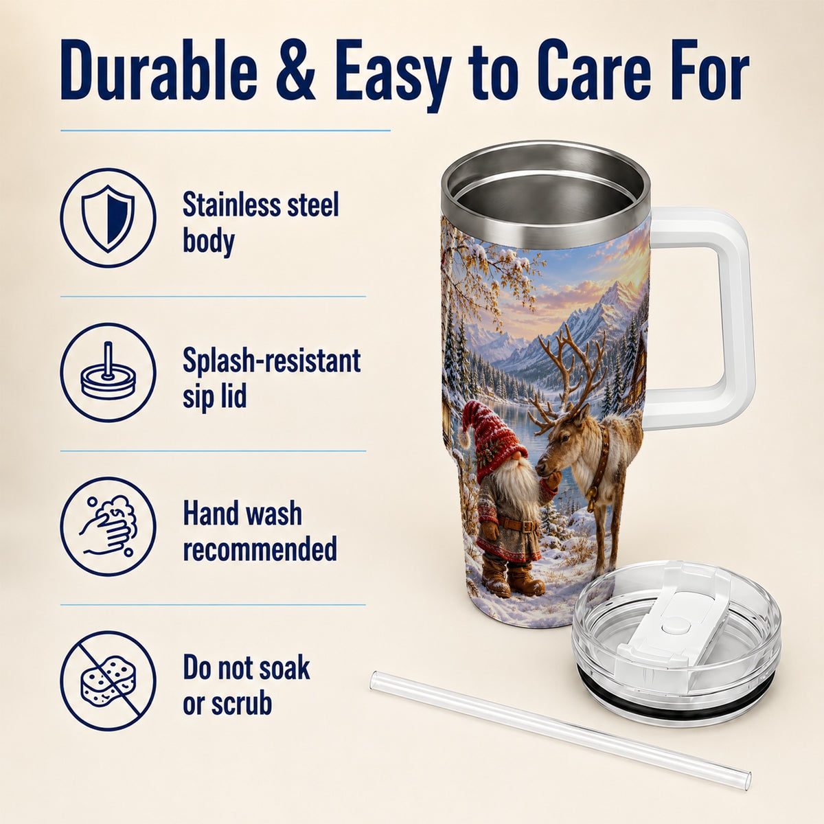 Snowy Gnome Reindeer 40oz Tumbler with Handle, Mountain Travel Cup
