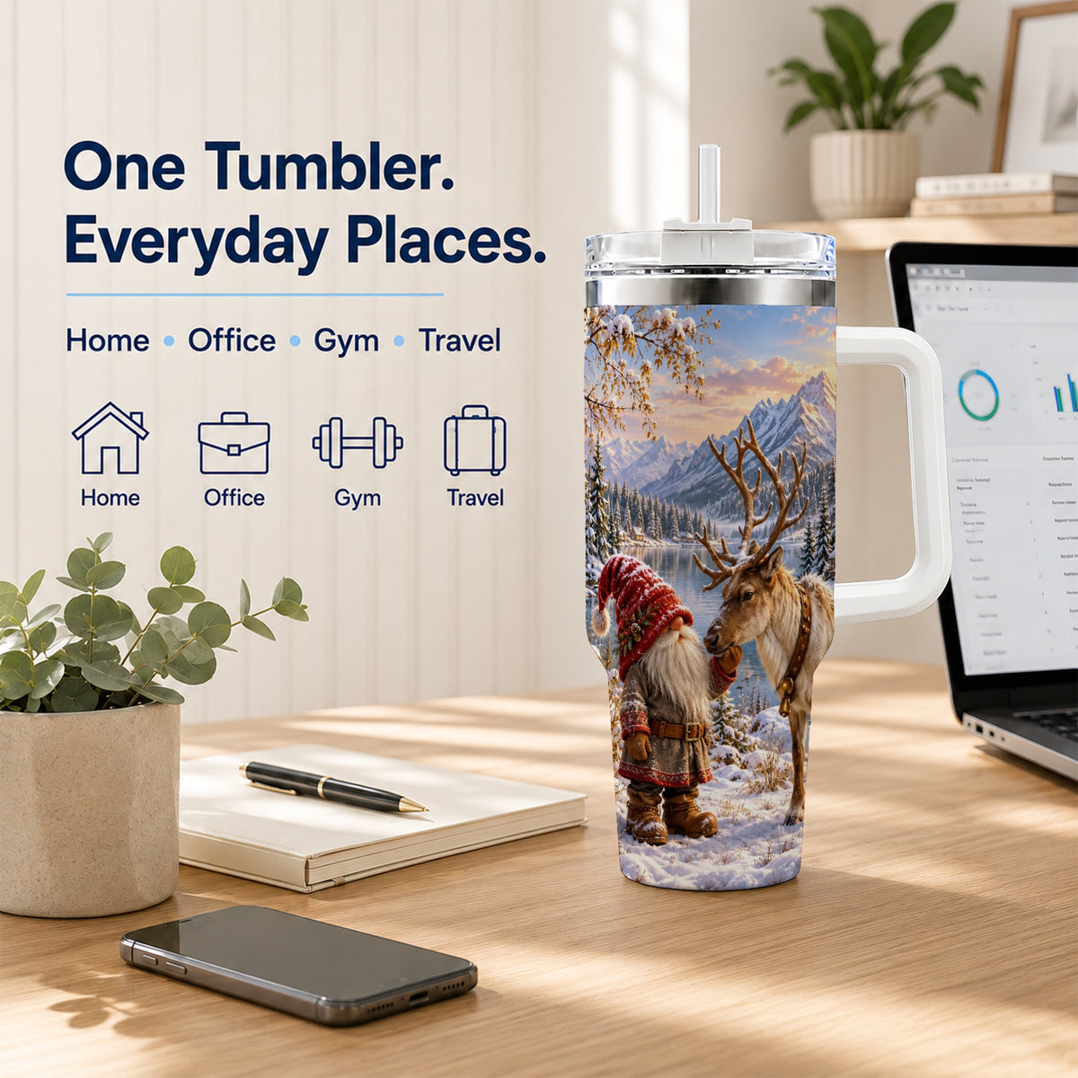 Snowy Gnome Reindeer 40oz Tumbler with Handle, Mountain Travel Cup
