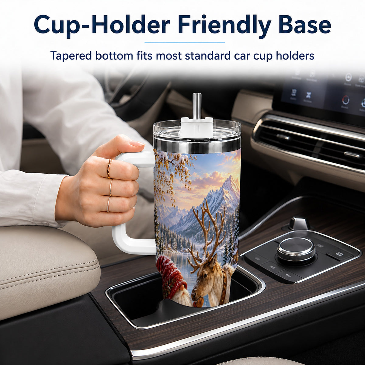 Snowy Gnome Reindeer 40oz Tumbler with Handle, Mountain Travel Cup