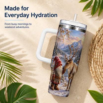 Snowy Gnome Reindeer 40oz Tumbler with Handle, Mountain Travel Cup