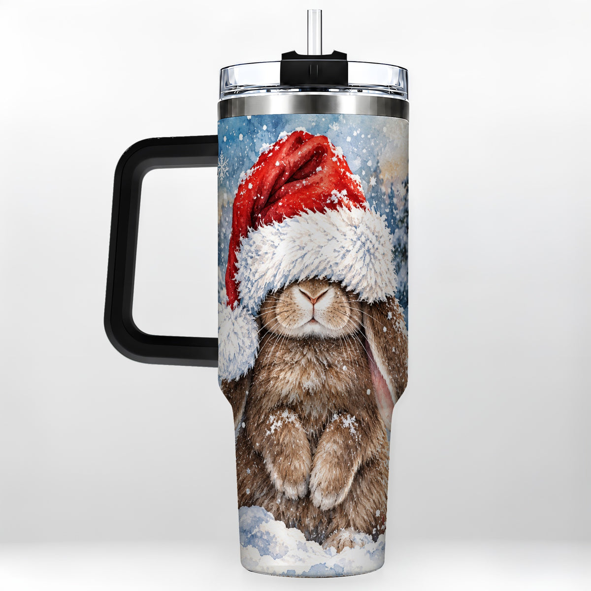 #pl[40oz|Black] Winter Bunny 40oz Tumbler with Handle, Santa Hat Travel Cup