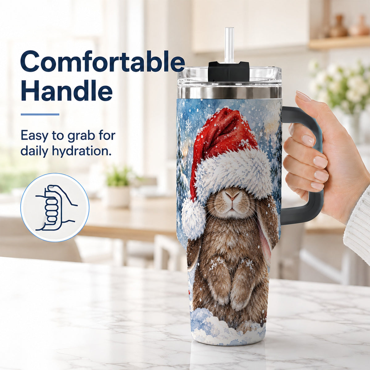 #pl[40oz|Black] Winter Bunny 40oz Tumbler with Handle, Santa Hat Travel Cup