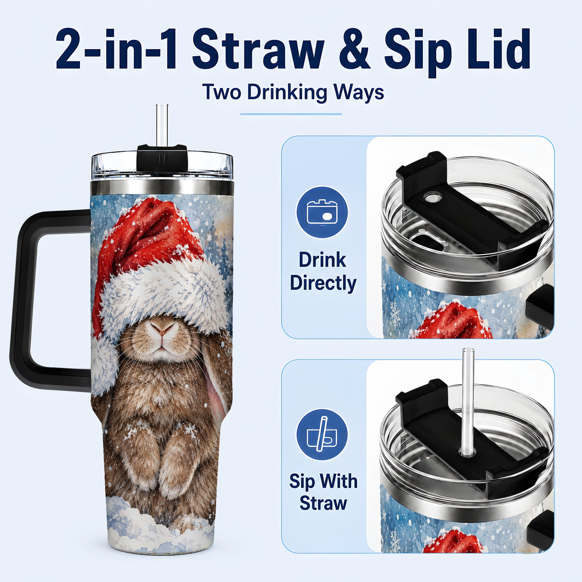 #pl[40oz|Black] Winter Bunny 40oz Tumbler with Handle, Santa Hat Travel Cup