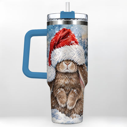 #pl[40oz|Blue] Winter Bunny 40oz Tumbler with Handle, Santa Hat Travel Cup