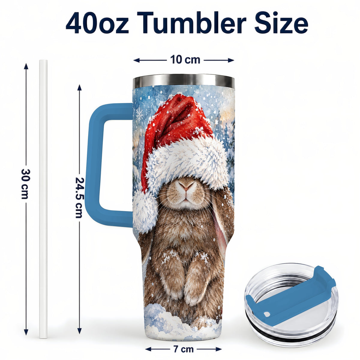 #pl[40oz|Blue] Winter Bunny 40oz Tumbler with Handle, Santa Hat Travel Cup
