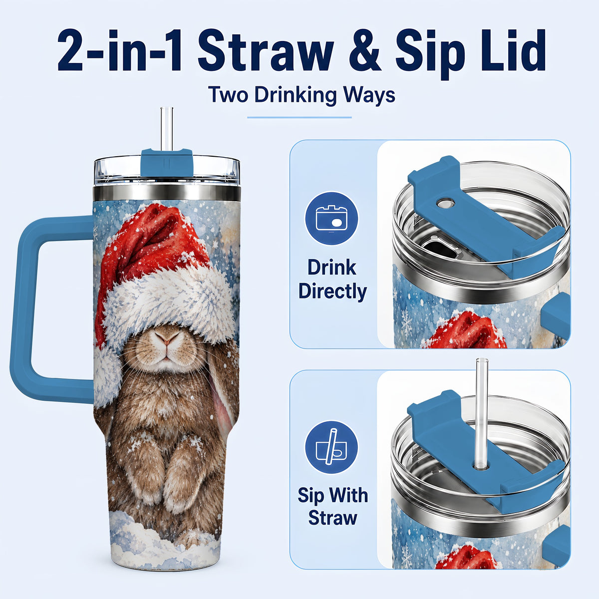#pl[40oz|Blue] Winter Bunny 40oz Tumbler with Handle, Santa Hat Travel Cup