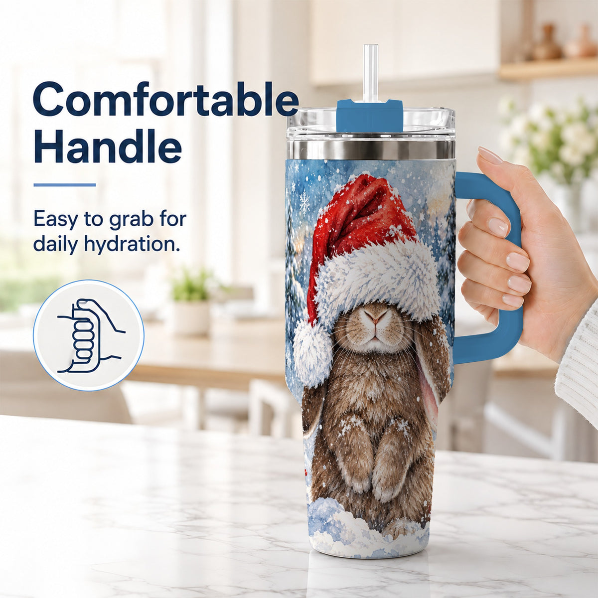 #pl[40oz|Blue] Winter Bunny 40oz Tumbler with Handle, Santa Hat Travel Cup