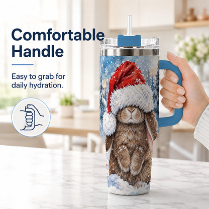 #pl[40oz|Blue] Winter Bunny 40oz Tumbler with Handle, Santa Hat Travel Cup