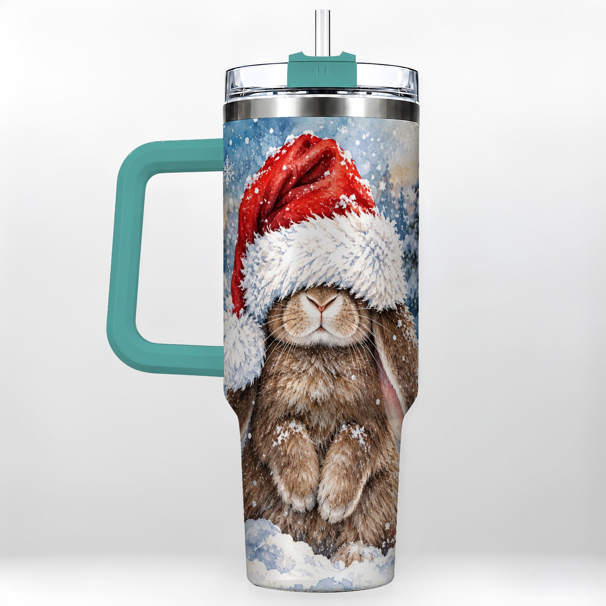 #pl[40oz|Green] Winter Bunny 40oz Tumbler with Handle, Santa Hat Travel Cup