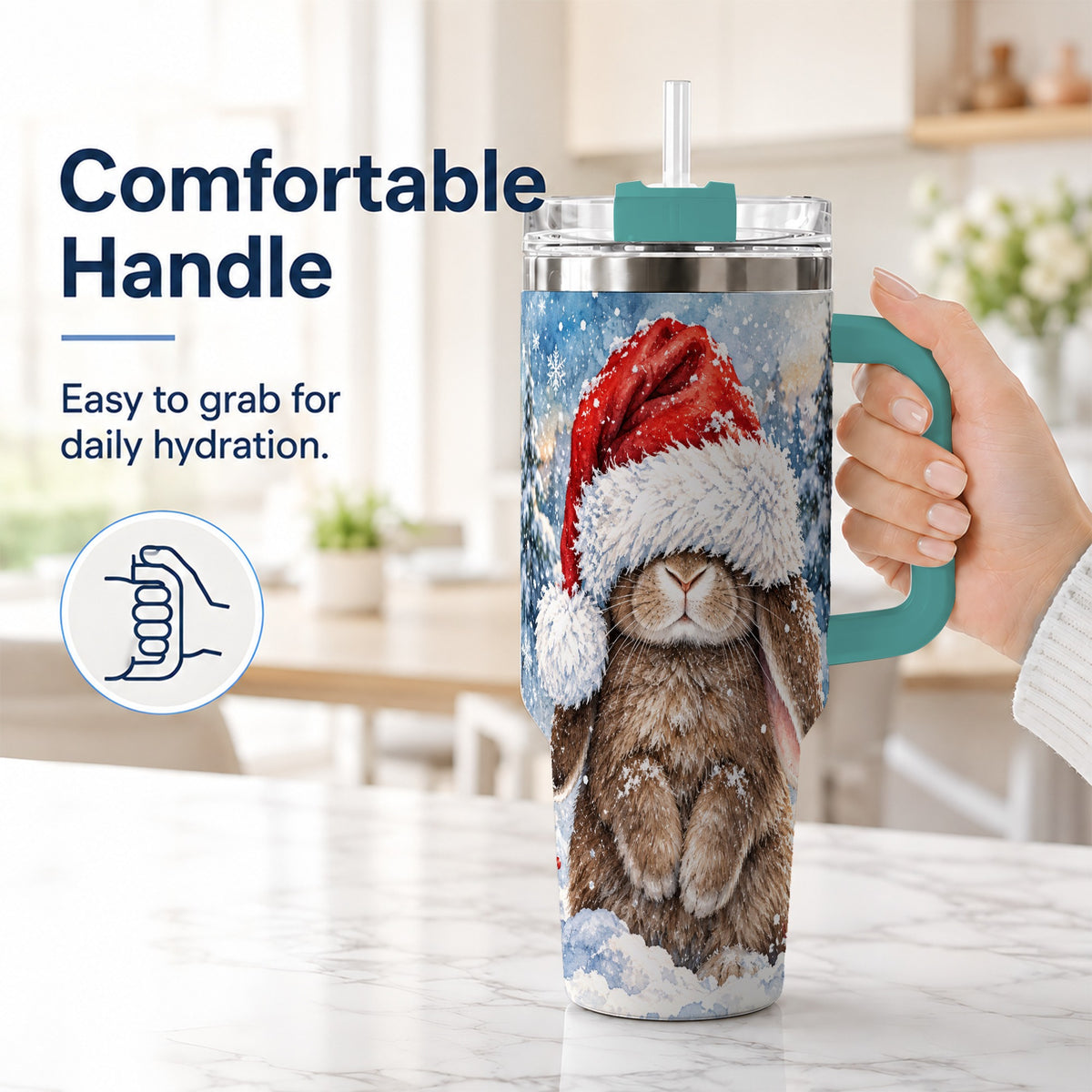 #pl[40oz|Green] Winter Bunny 40oz Tumbler with Handle, Santa Hat Travel Cup