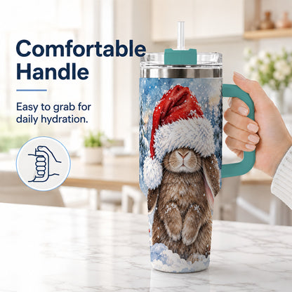 #pl[40oz|Green] Winter Bunny 40oz Tumbler with Handle, Santa Hat Travel Cup