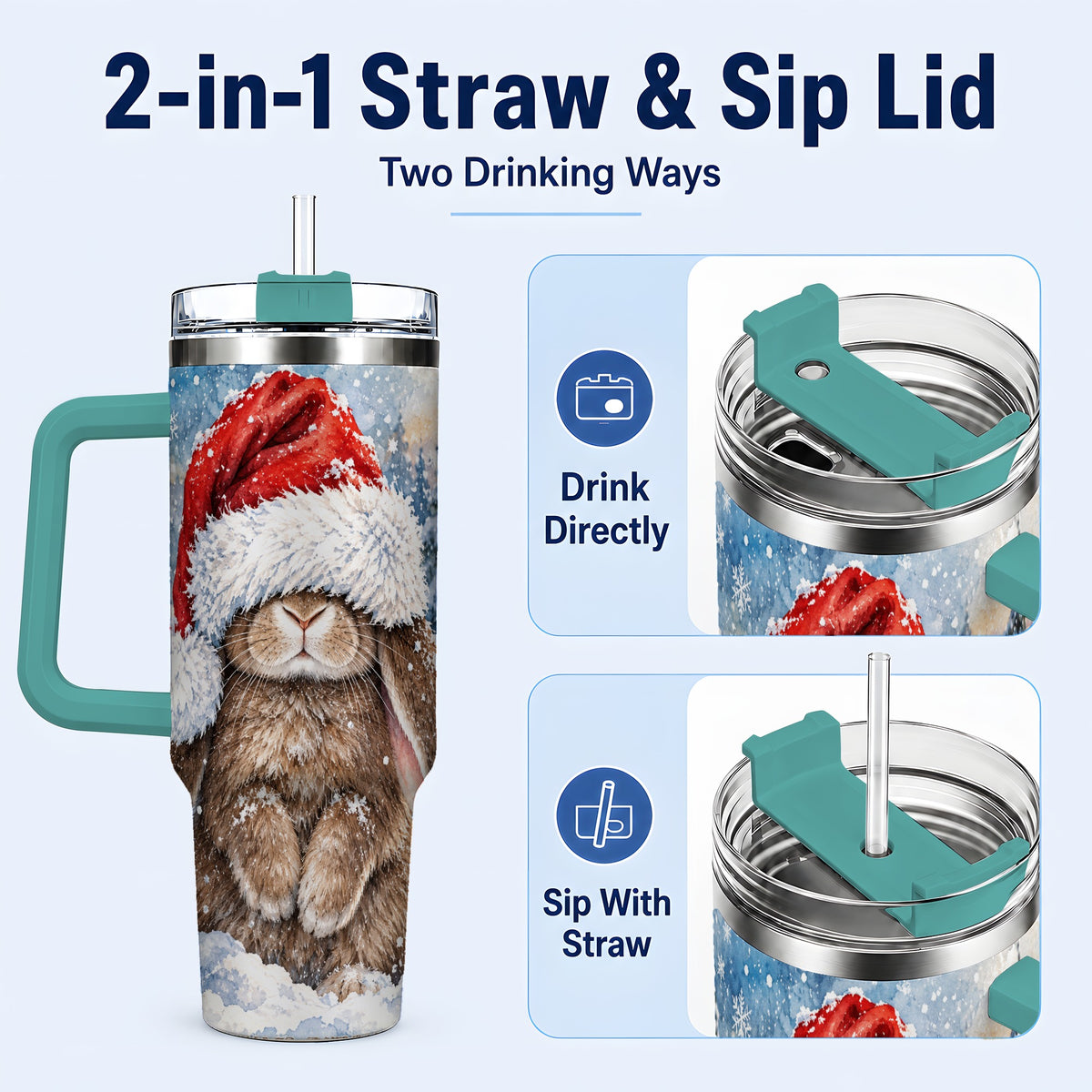 #pl[40oz|Green] Winter Bunny 40oz Tumbler with Handle, Santa Hat Travel Cup