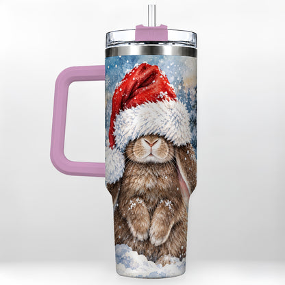 #pl[40oz|Pink] Winter Bunny 40oz Tumbler with Handle, Santa Hat Travel Cup