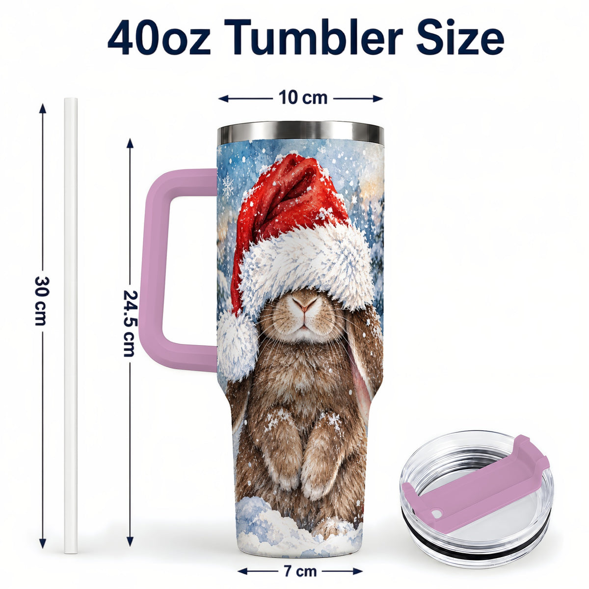 #pl[40oz|Pink] Winter Bunny 40oz Tumbler with Handle, Santa Hat Travel Cup