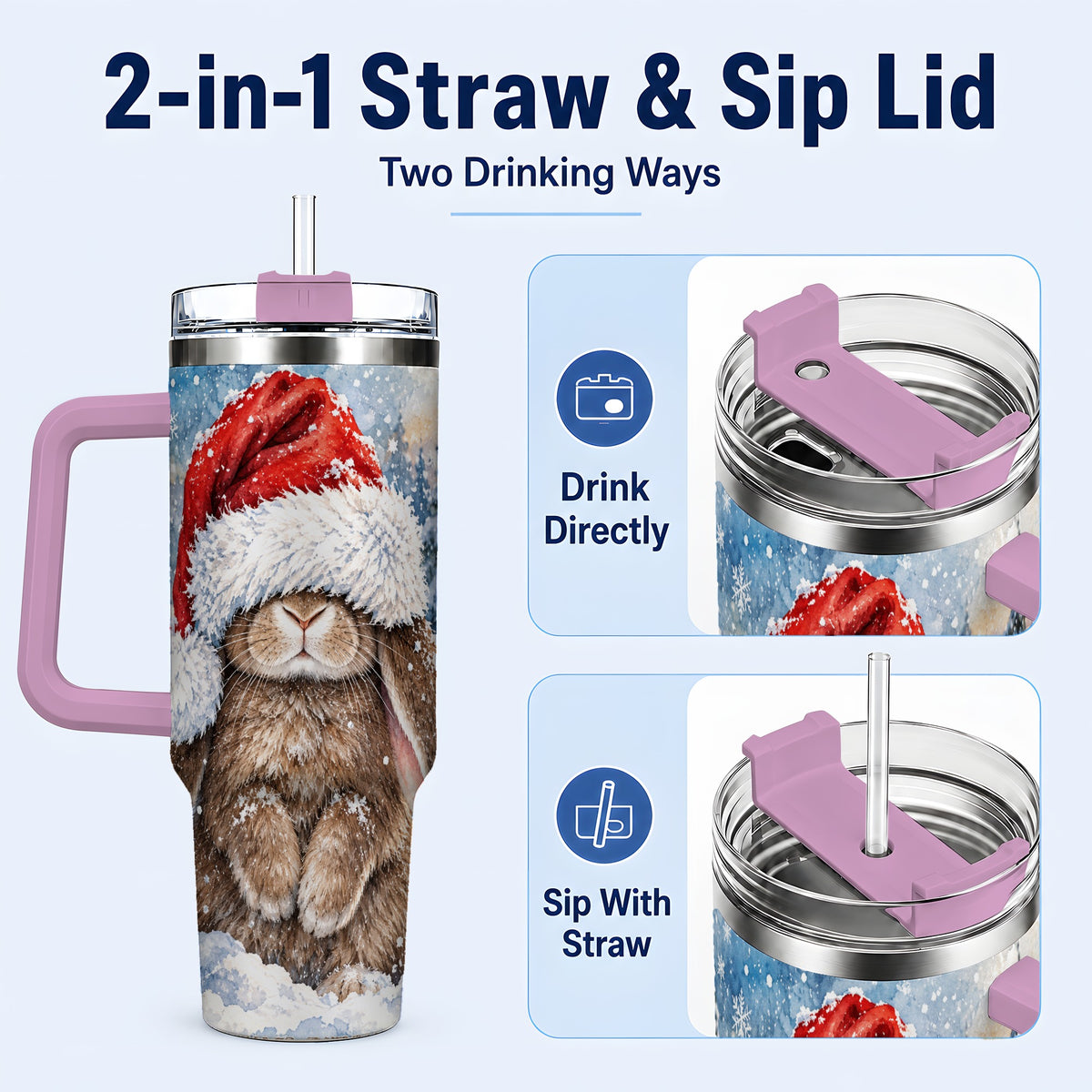 #pl[40oz|Pink] Winter Bunny 40oz Tumbler with Handle, Santa Hat Travel Cup
