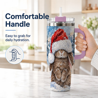 #pl[40oz|Pink] Winter Bunny 40oz Tumbler with Handle, Santa Hat Travel Cup