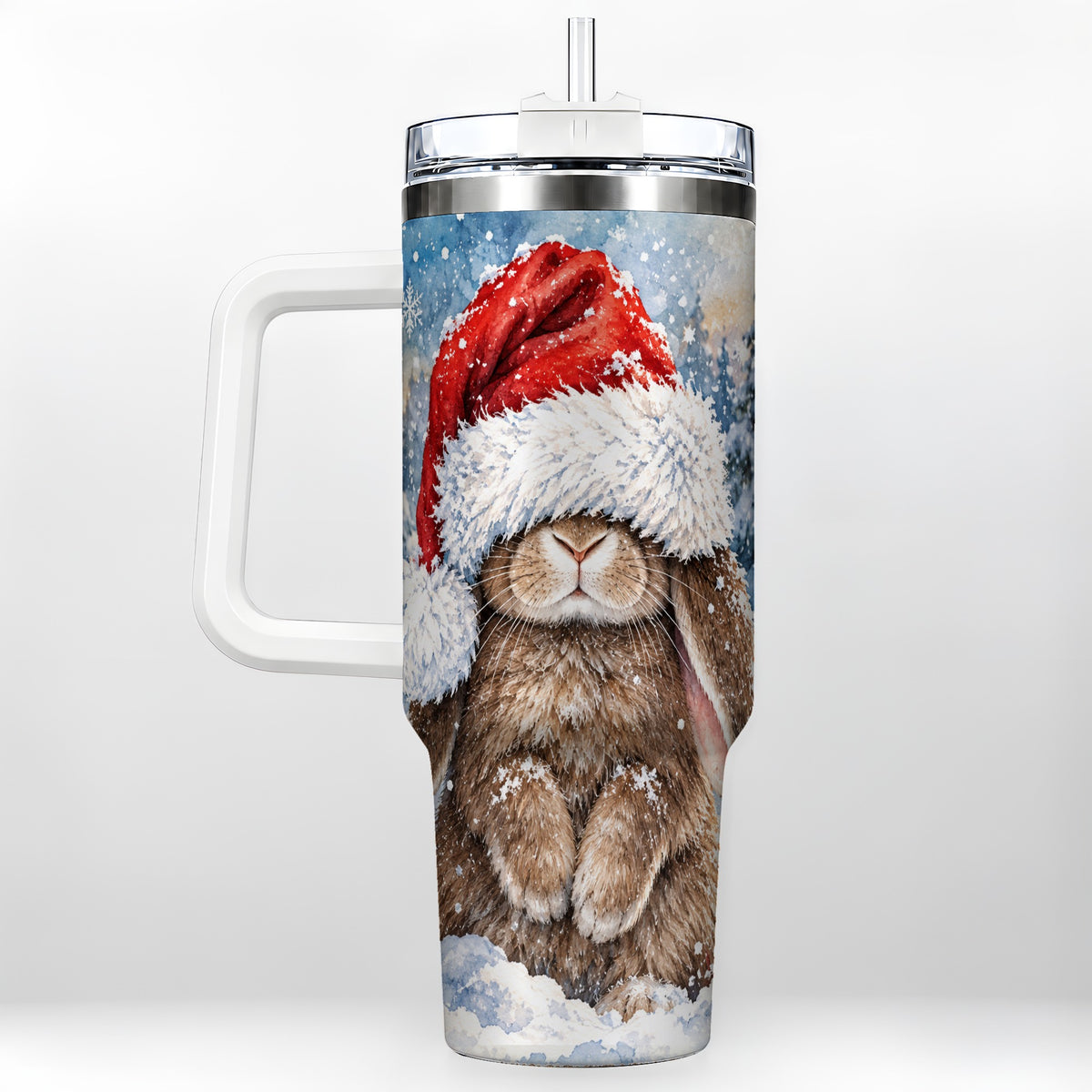 Winter Bunny 40oz Tumbler with Handle, Santa Hat Travel Cup