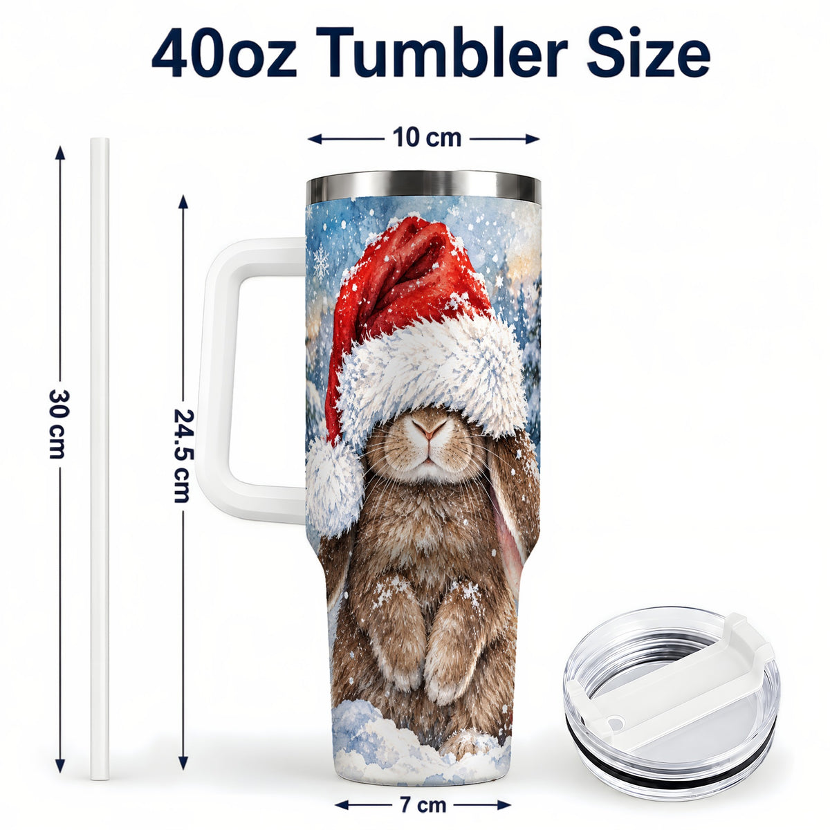 #pl[40oz|White] Winter Bunny 40oz Tumbler with Handle, Santa Hat Travel Cup