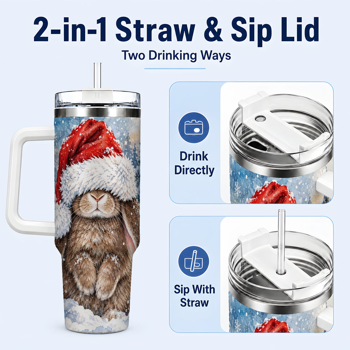 #pl[40oz|White] Winter Bunny 40oz Tumbler with Handle, Santa Hat Travel Cup