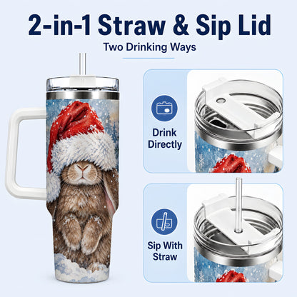 #pl[40oz|White] Winter Bunny 40oz Tumbler with Handle, Santa Hat Travel Cup