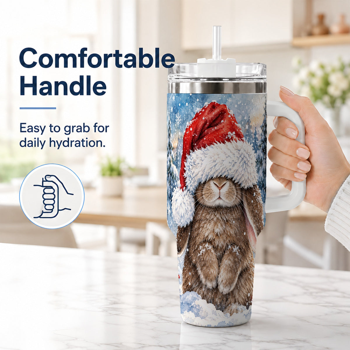 #pl[40oz|White] Winter Bunny 40oz Tumbler with Handle, Santa Hat Travel Cup