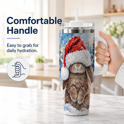 #pl[40oz|White] Winter Bunny 40oz Tumbler with Handle, Santa Hat Travel Cup