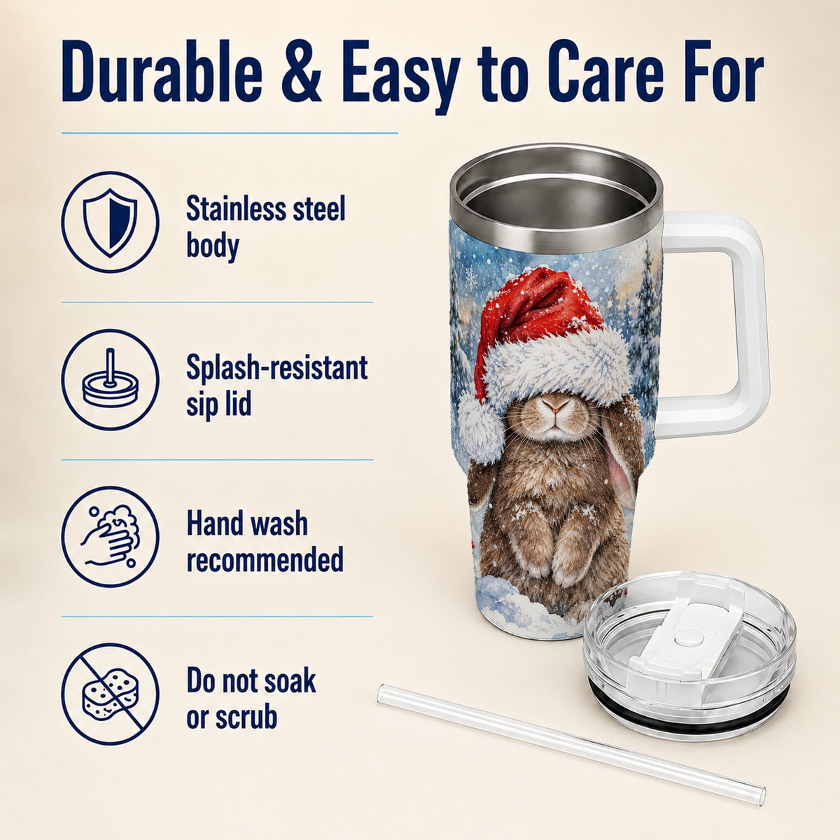 Winter Bunny 40oz Tumbler with Handle, Santa Hat Travel Cup